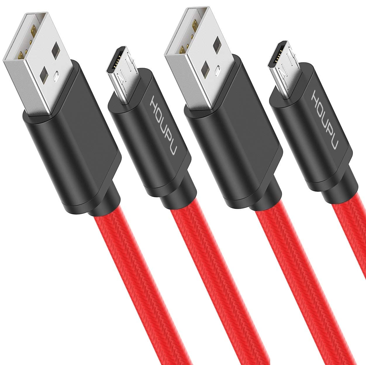 [2-Pack] HOUPU 6ft Micro USB Cable - Nylon Braided, Fast Charging and Sync Data Cord for Android, Samsung, Kindle Fire, LG, HTC, Nokia, Sony, Motorola - Red