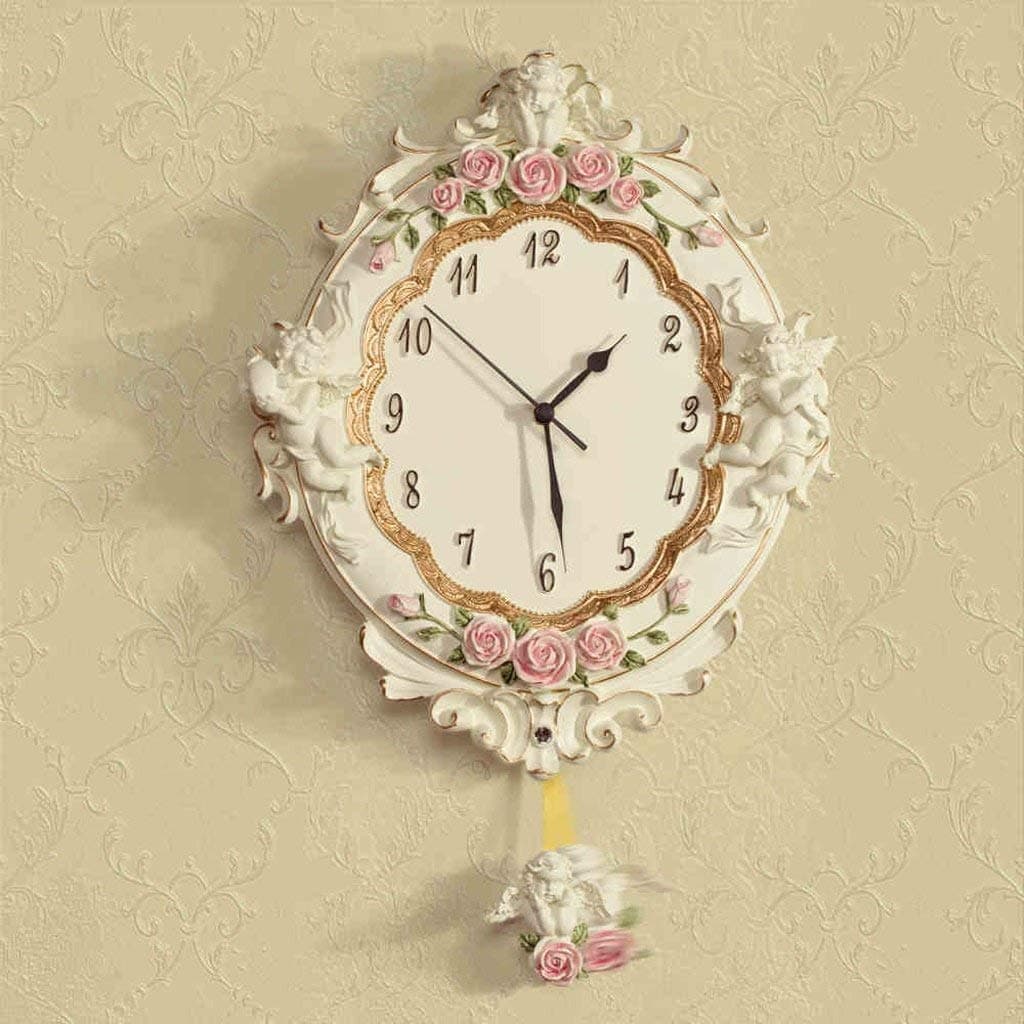 YLCJ L 'Clock - Garden Style Wall Clock Resin Rose Mute Angel Wall Clock Swing Lounge Creative Art
