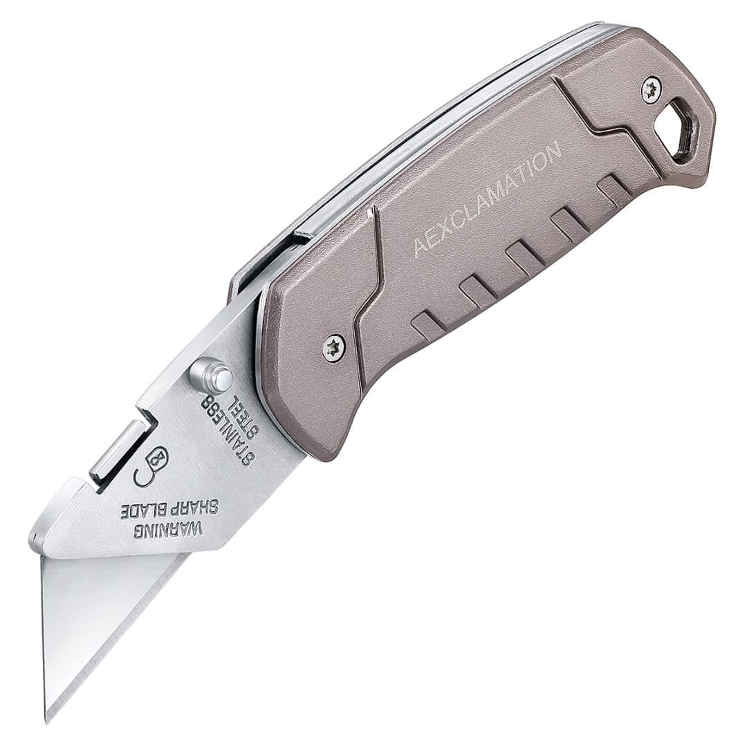 Portable Folding Utility Knife with Ergonomic Designed Grey Alloys Handle, Portable Pocket Knife with Replaceable Blades, Cardboard Box Cutter Great Grip Feeling, Accepts Standard Size Utility Blades.