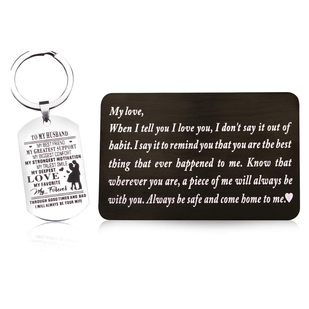 Laser Marking Stainless Steel Wallet Love Note Insert, Wallet Card Insert and Dog Tag Key Ring to My husband (set of 2)