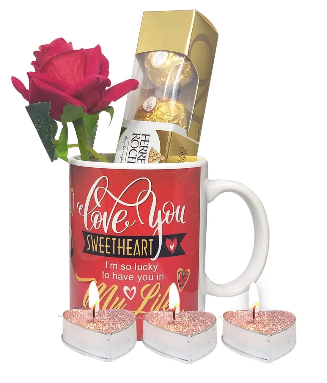 Saugat Traders Valentine's Day Chocolates Gift for Girlfriend - Coffee Mug, Decorative Candle & Ferrero Rocher Pack of 4 - Gift for Wife-Girlfriend-Fiancee