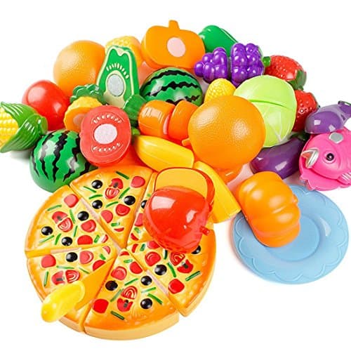 24Pcs Plastic Fruit Vegetable Kitchen Cutting Toy, ZINKODA Early Development and Education Toy for Baby Kids Children