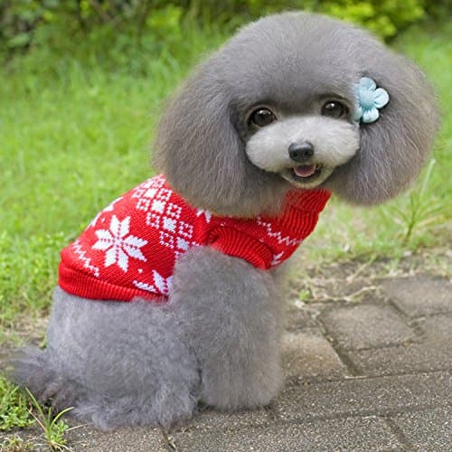 Dog Knit Sweater Pullover Christmas Various Designs (Medium, Red/Snowflakes)