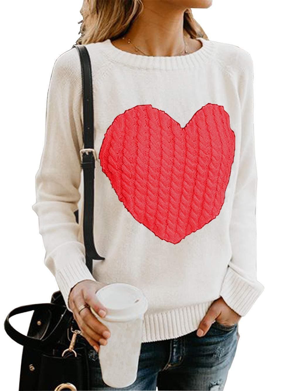 HYCYG Women's Knitted Long Sleeve Crew Ceck Pullover Sweater with Heart