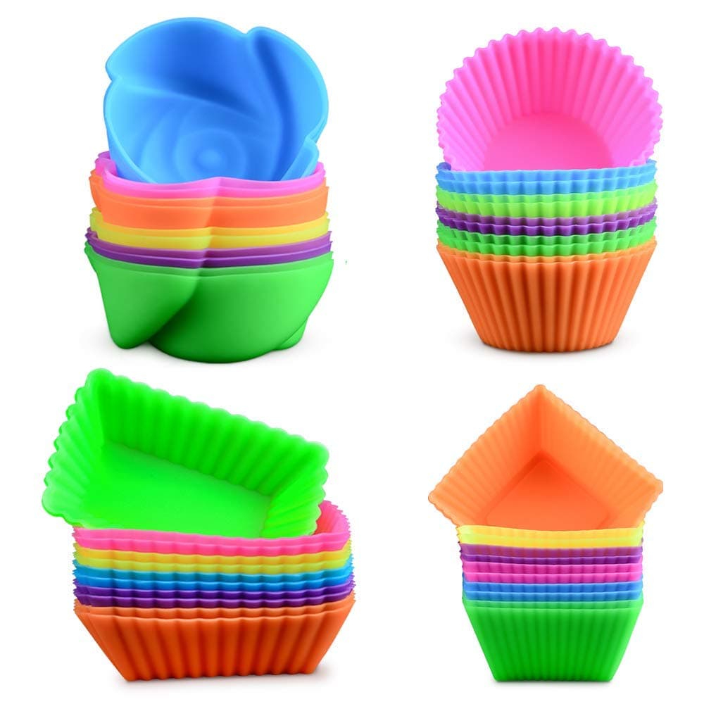 Miotlsy Silicone Baking Cups Cupcake Liners 24Pcs Reusable Silicone Molds Including Oval, Square, Triangle, Tree Shape BPA Free Food Grade Silicone