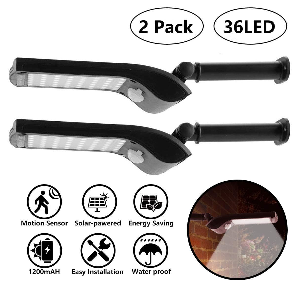 Solar Lights Outdoor, 36 LED Super Bright Solar Motion Sensor Security Lights, Wireless Waterproof Wall Lights with Rotatable Installed Stents for Garden, Driveway, Yard, Walkway Lighting(2 Pack)