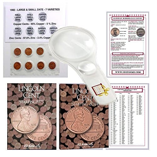 Lincoln Penny Starter Collection Kit, with 1982 Varieties, H.E. Harris [2674] Lincoln Cent Folder Vol. 3, [4002] Folder Vol. 4, Magnifier &amp; Checklist, (5 Items) Great Start for Beginner Collectors