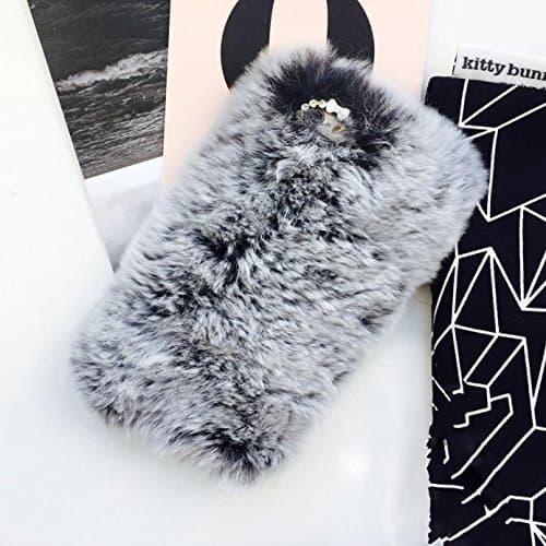 iPhone 6/6s Case RongW Extreme Deluxe Bling 3D Diamond Crystal Chain Rabbit Fur Tiny Bow Bowknot Winter Soft Warm Case Cover for iPhone 6/6s (Grey 4.7)