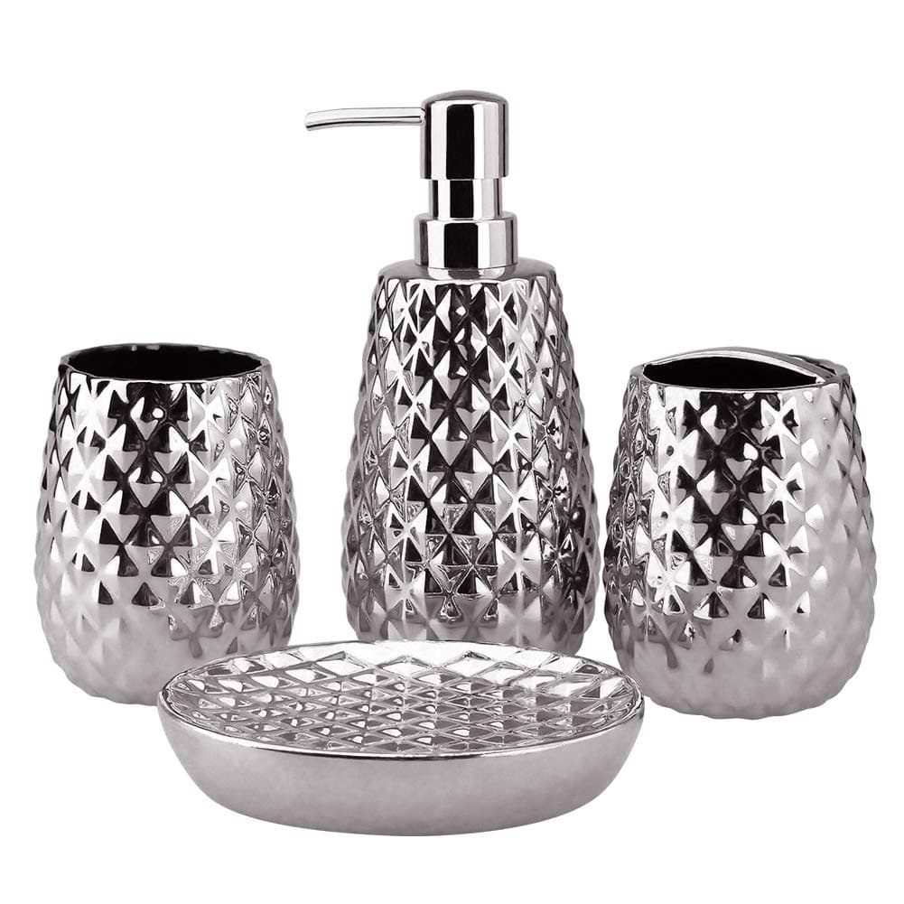 4-Piece Ceramic Bathroom Accessories Set, Moroccan Trellis Bathroom Ensemble Complete Sets for Bath Decor Includes Soap Dispenser Pump, Toothbrush Holder, Tumbler, Soap Dish, Ideas Home Gift (Silver)