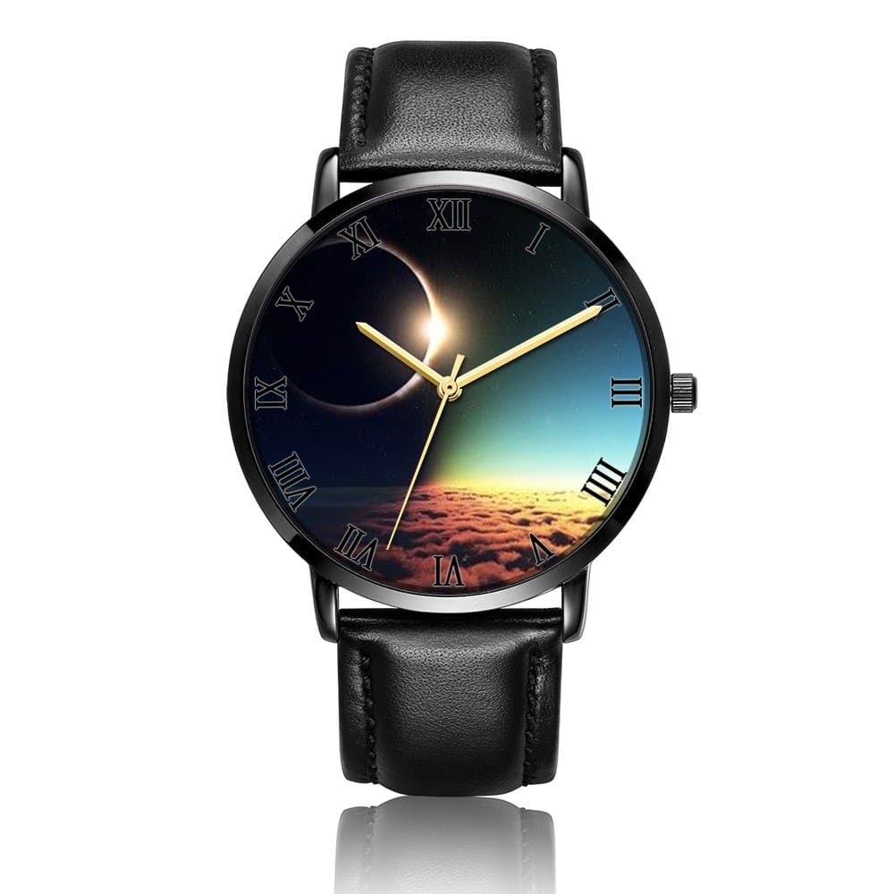Whiterbunny Customized Total Solar Eclipse Wrist Watch Unisex Analog Quartz Fashion PU Leather Bracelet Wristwatch for Women and Men