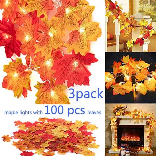tionliy 3 Pack Halloween Thanksgiving Decorations, Total 29.5Ft / 60 LED Maple String Lights Battery Operated Fairy Fall Autumn Garland Decorative with 100pcs Artificial Maple Leaves for Fall Harvest