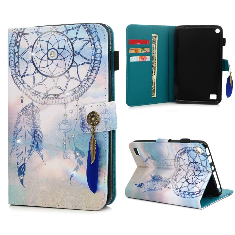 MOTIKO Amazon Fire 7 2017 Case,Kindle Fire 7 2015 Case (2015/2017 Release Universal) - 3D Glitter Diamonds Flip Case Stand PU Leather Cover Card Slots with Auto Sleep/Wake for Fire 7,Dream Catcher