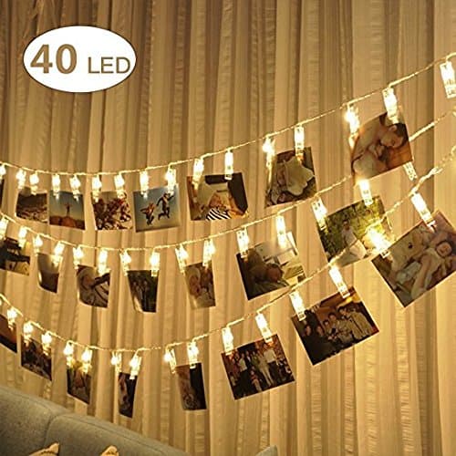 40 LED Photo Clip String lights ,USB Powered Fairy Twinkle Lights,20ft Wedding Party Christmas Home Decor Lights for Hanging Photos,Christmas Cards and Artwork,Warm white