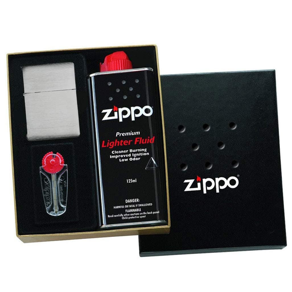 Zippo Lighter Gift Set - 1935 Brushed Chrome Engraved by Pocket Gift - presented in a Gift Box + a 6 Flint Dispenser + 4 Ounce Fuel Tin (ships separately) to give the Perfect Present