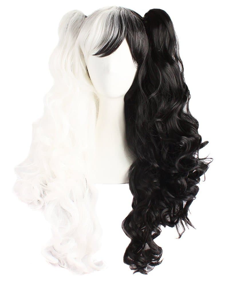 Falamka Synthetic Capless Mixed Color Half White Half Black Curly Cosplay Wig Two Ponytails Party Wig