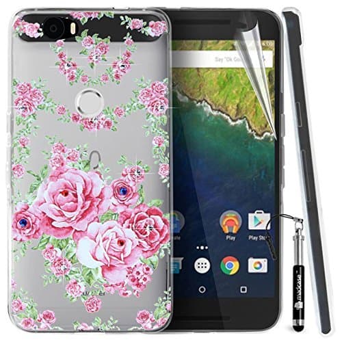 madCase compatible with Huawei Google Nexus 6P Case Ultra Thin Transparent Clear Soft Gel TPU Silicone Cover with Cute Diamante Crystals Bling Design - Pink Roses