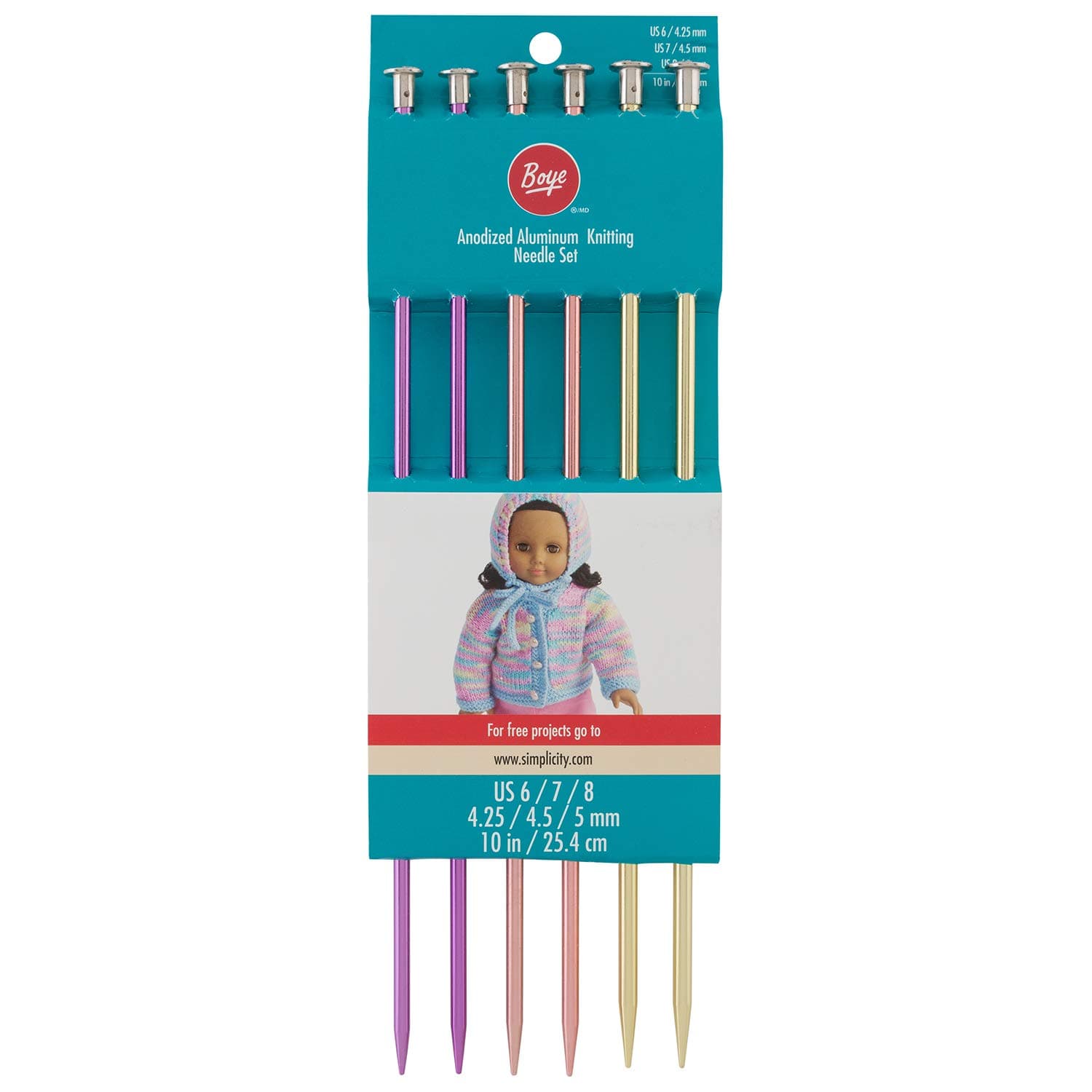 Boye Anodized Aluminum Metal Knitting Needle Set, 6pc, US Sizes 6'' - 8''