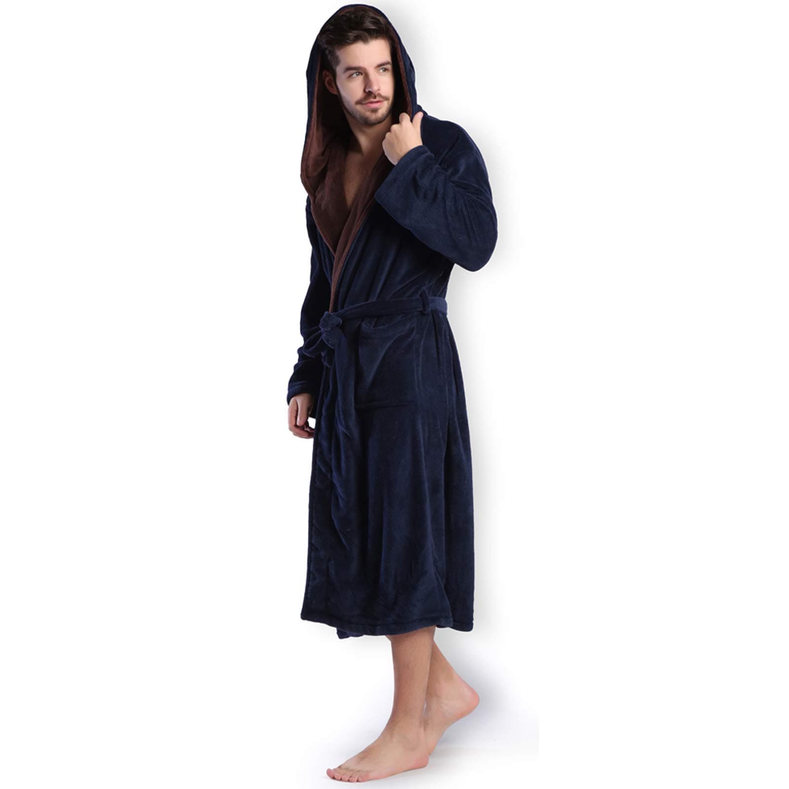 Hooded Herringbone Men's Navy Soft Spa Long Bathrobe,Comfy Full Length Warm Nightdress