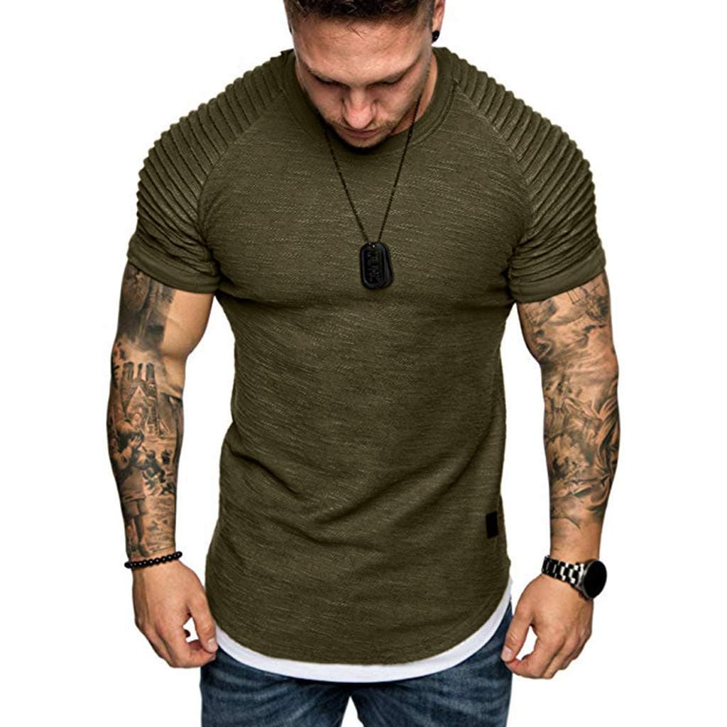 Plain Tees for Men, Workout Muscle Pleated Sleeve Longline T-Shirts Summer Sport Stylish Short Sleeve O-Neck Tops by Leegor