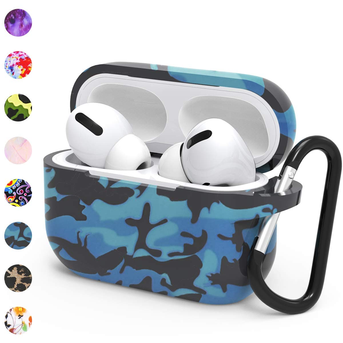 HUMENN Protective Cover Compatible with AirPods Pro Case, Soft Silicone Fadeless Pattern Printed Case Cover for Airpods pro 2019 [Front LED Visible] with Carabiner(Blue Camouflage)