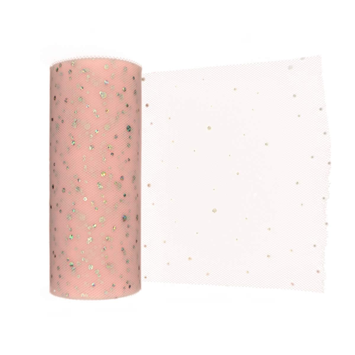 Tulle Fabric Glitter Pink Tulle Rolls Bolt Spool for Wedding Party Decorations, Gift Wrapping Tulle Ribbon, Girls Tutus Dresses and Tutu Table Skirt - Glitter Light Pink, 6" x 25 Yards