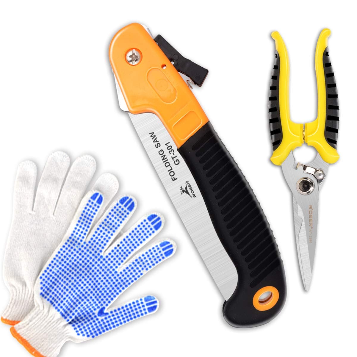 Robust Deer Garden Tool Set, Folding Saw+ Bypass Pruning Shears+ Garden Gloves for Wood Camping Heavy Duty, Multi-Purpose Manganese Steel Material Saw and Scissor for Garden Flower Orchard Pruning