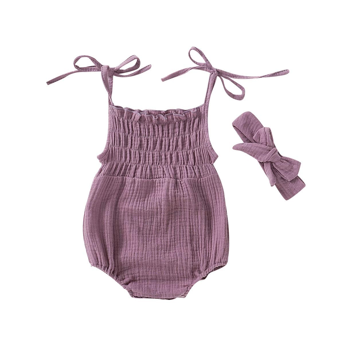 Willow Dance Baby Girls Summer Basic Romper Sling Backless Cotton Linen Jumpsuit Outfits with Headband