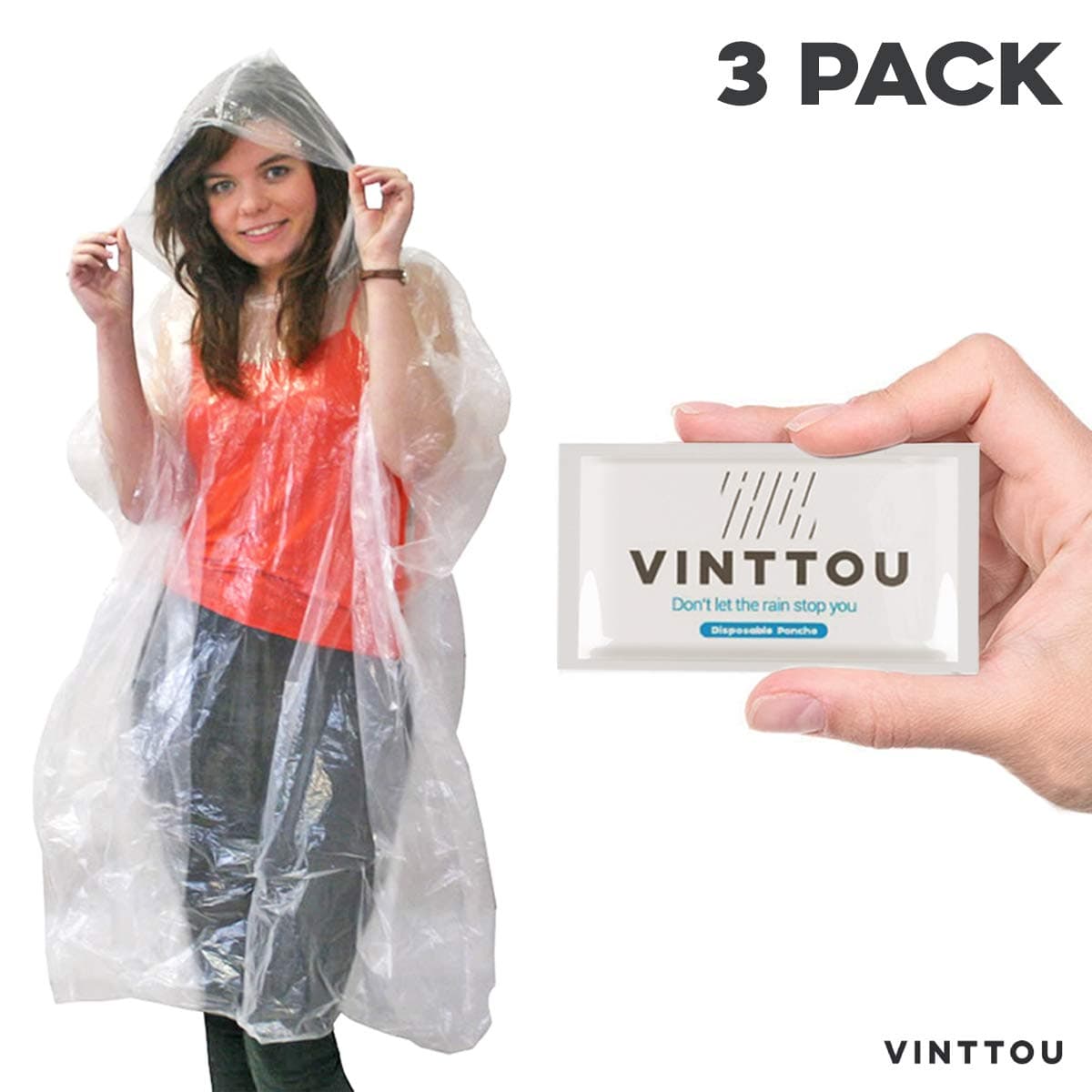 Vinttou Rain Ponchos for Adults Disposable (3 pack) - Thick Clear Plastic Emergency Waterproof Poncho with hood for Disney, Travel, Hiking, Camping, Sports Events and Rainy Outdoors