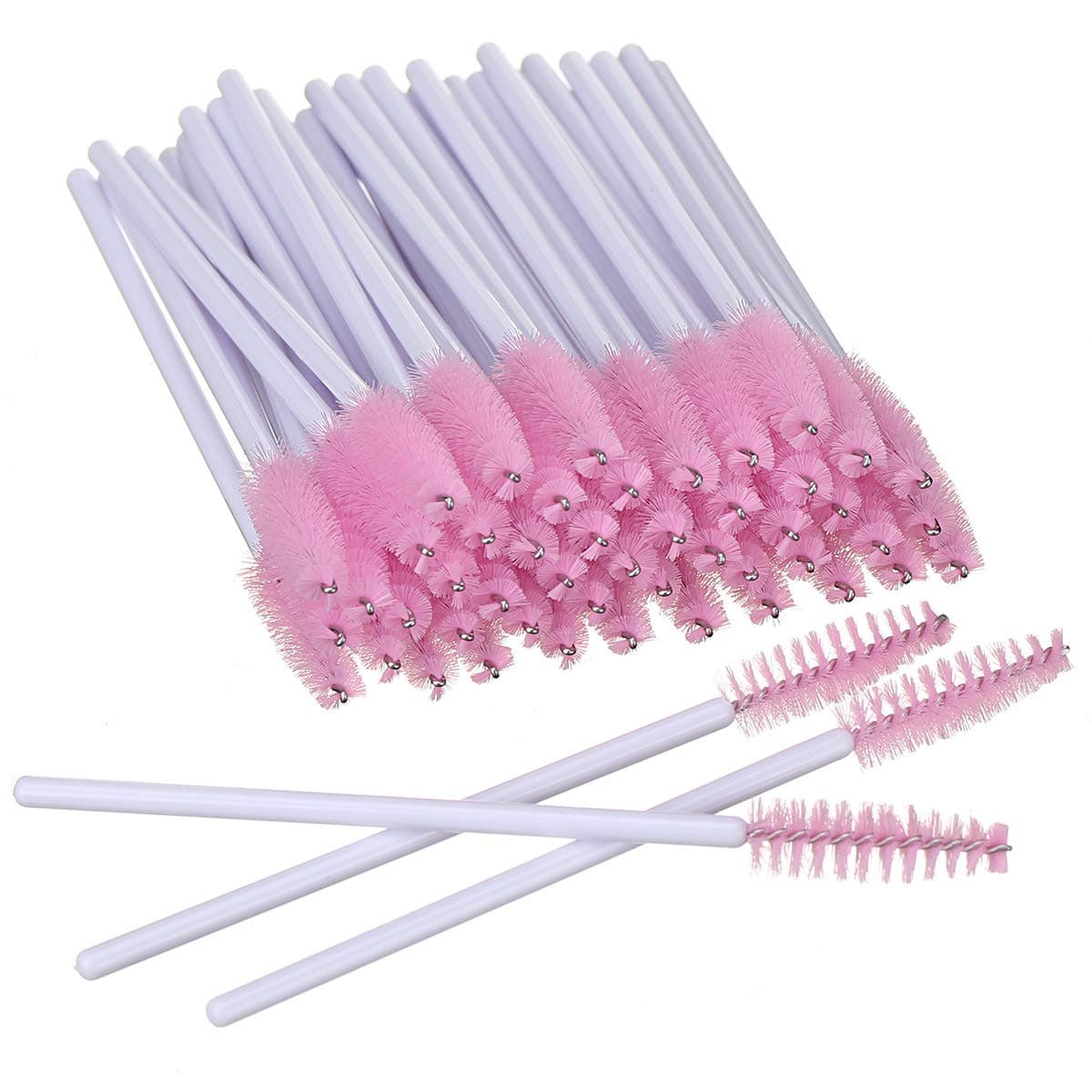 Elisel 100 PCS Mascara Brushes Disposable Eyelash Brushes Mascara Brushes Eye Lash Eyebrow Applicator Cosmetic Makeup Brush Tool Kits (White-Pink)