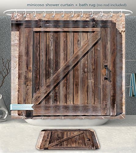 Aireeo Bathroom 2-Piece Suit Rustic Decor Aged Wooden Sliding Barn Door With Vintage Texture Architectural Farm House Print Brown Beige Shower Curtain And Bath Rug Set, 66" Wx71 H & 23" Wx16 H
