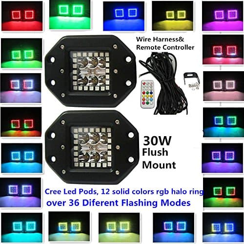IOV LIGHT 2Years Warranty 30W CREE Flush Mount Spot LED work Light RGB Halo Ring Chasing Led Pod over 300 Flashing Modes 2600lm for Pick Up Jeep Off road Racing 4WD Lights free Wire Harness(Pack of 2)