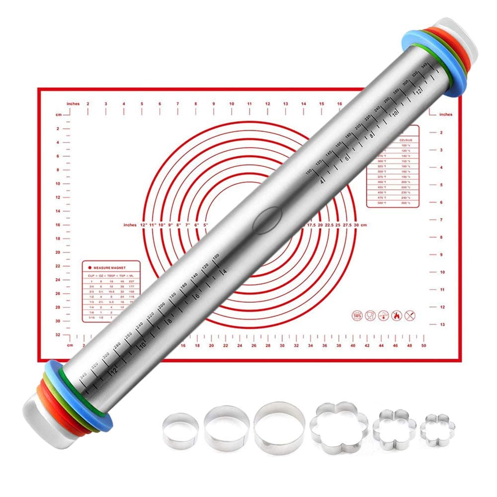 Markmesafe Adjustable Stainless Steel Rolling Pins For Baking Dough Roller With 4 Removable Adjustable Thickness Rings and Pastry Mat for Dough, Pizza, Pastry, Pie and Cookies