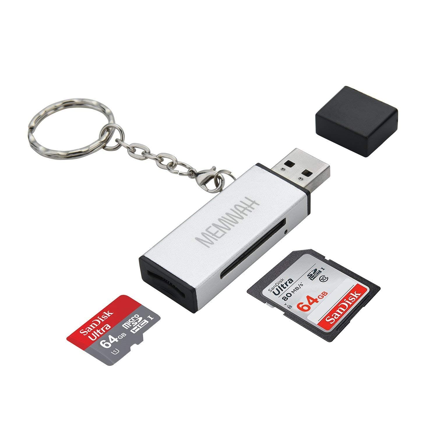 Memwah Silver Metal USB 3.0 Super Fast 2 in1 Reader / Writer for Micro SD / Micro SDHC/ Micro SDXC & SD / SDHC / SDXC up to 256GB with Keyring Holder