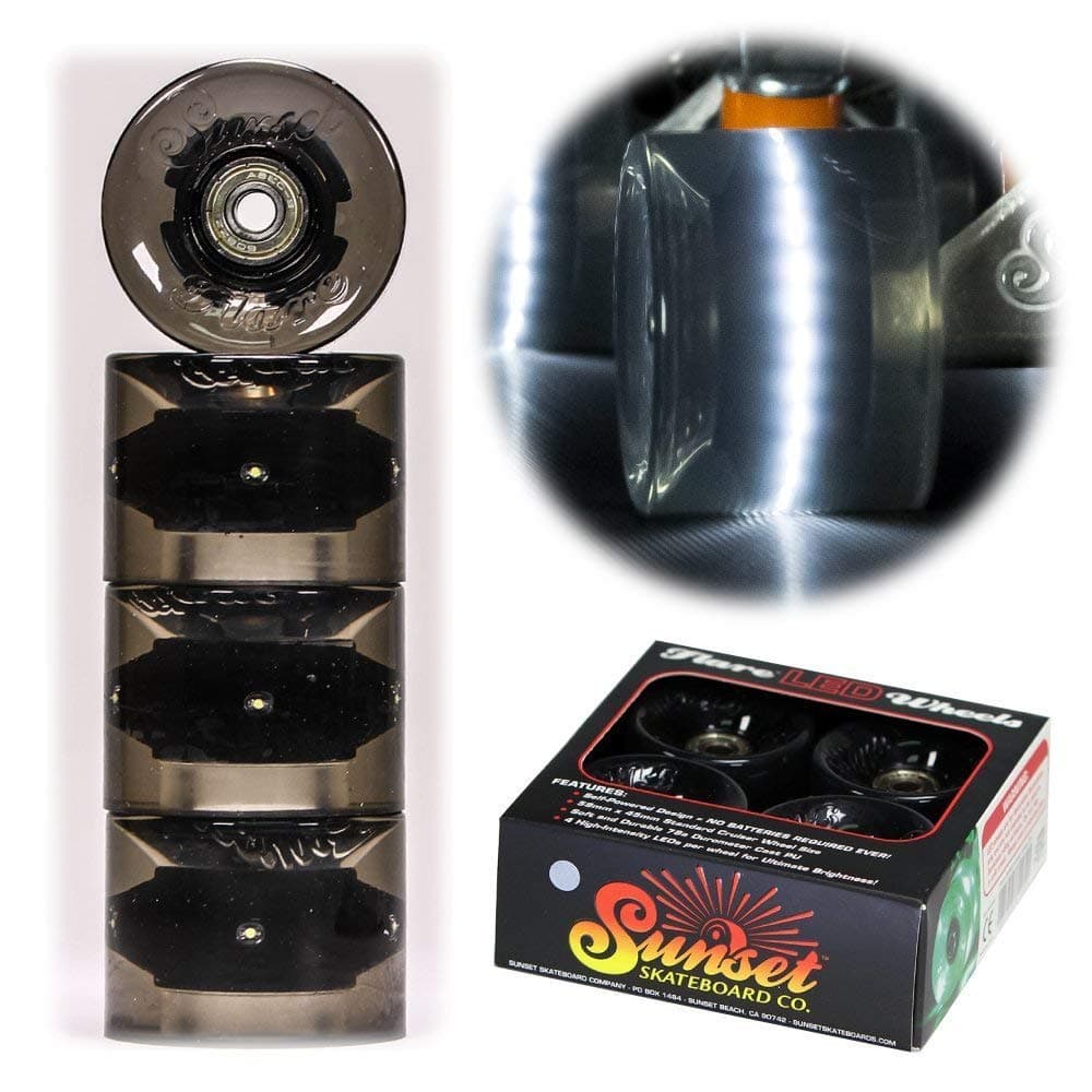 Sunset Skateboard Co. 59mm 78a LED Light-Up Cruiser Wheels (4-Pack) with ABEC-9 Carbon Steel Bearings for Glow-in-The-Dark, All Ages & Skill Levels Skating Fun with No Batteries Required (Smoke)