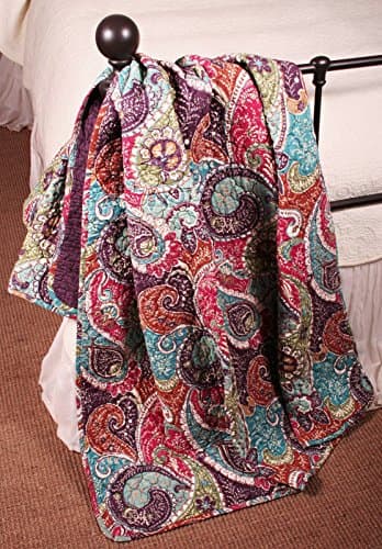 Vintage Retro Quilt Lap Throw Blanket Print Paisley Pattern Multi Color Purple Blue 100 Cotton Luxury Reversible Bedding - Includes Bed Sheet Straps