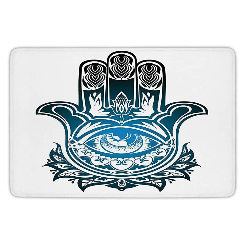 Bathroom Bath Rug Kitchen Floor Mat Carpet,Hamsa,Evil Eye Inside the Hand of Fatima Spiritual Esoteric Protection Ancient Icon Decorative,Black Blue White,Flannel Microfiber Non-slip Soft Absorbent