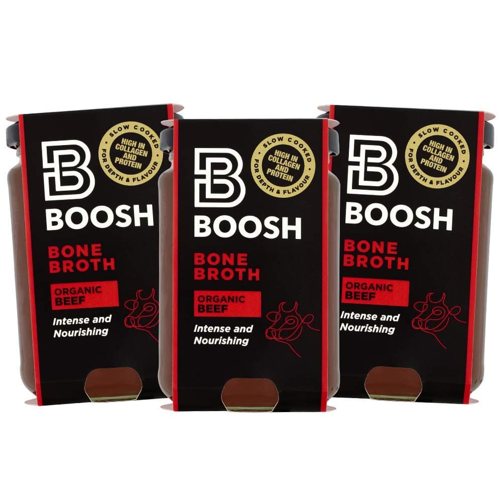 Boosh Bone Broth | Organic Beef | Rich and Comforting, Grassfed, Packed with Collagen, Protein & Electrolytes | Portable, Plastic-Free | for Low Carb, Keto, Fasting, Paleo | 4 Pack x 350mL