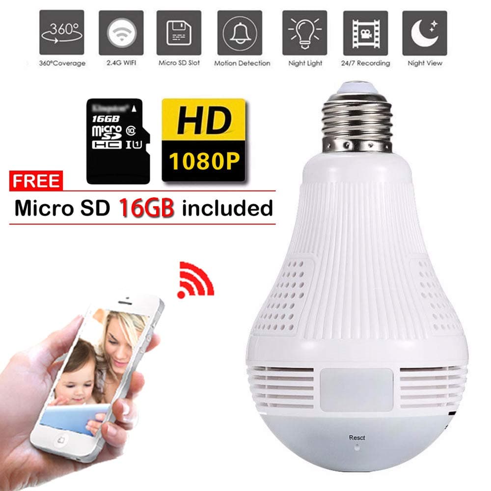 NAIYO Light Bulb Camera,Include 16GB Card 1080P WiFi Security Camera, 2MP Wireles IP LED Cam,360 Degrees Panoramic VR Indoor/Outdoor Home Surveillance Cameras,Motion Detection/Night Vision/Alarm