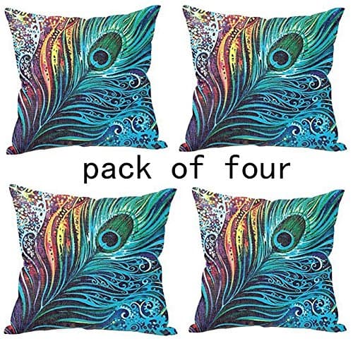 WUWE® Beautiful Peacock Tail Personalized Square Cotton Blend Linen PillowCase Decor Cushion Covers 18x18 Inch (PACK of Four)