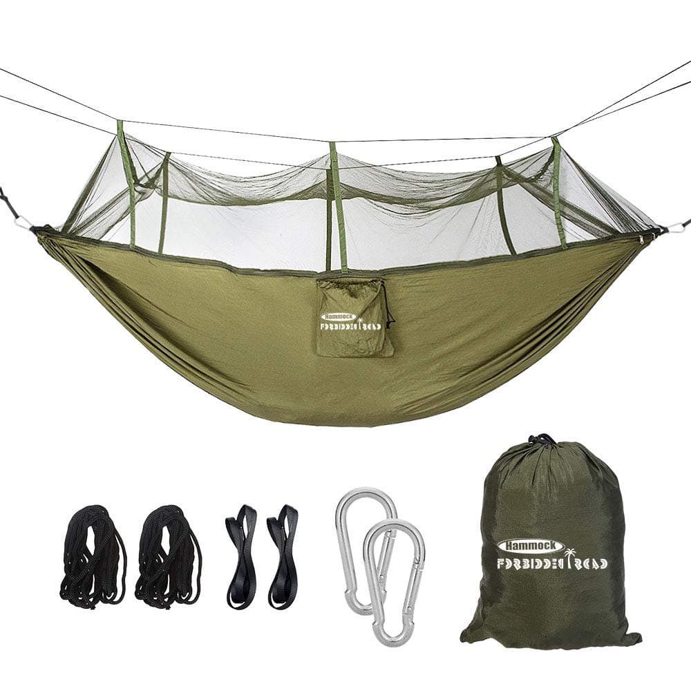Forbidden Road Camping Hammock Single & Double Mosquito Net Hammock Capacity 330lbs Lightweight Portable 0.73lbs Outdoor Hiking Backpacking Travel Backyard Ropes Carabineers Included