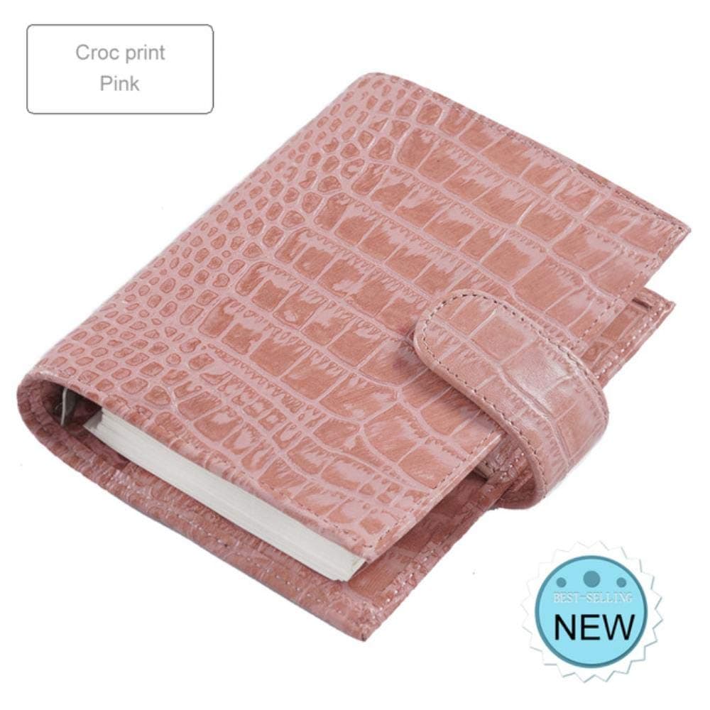 Qingb Genuine Leather Rings Notebook Brass Binder Mini Agenda Organizer Cowhide Diary Journal Sketchbook Planner Big Pocket,Croc Pink,A7 Cover 142x115mm