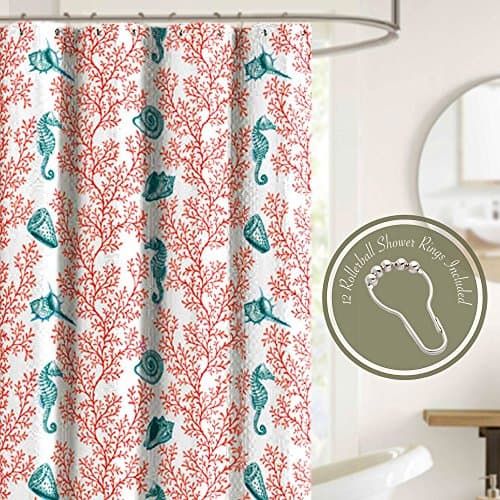 Shower Curtain Set with 12 Roller Hooks Rings Coral Red and Blue Shell Seahorse Coastal Beach Soft Crinkle Fabric
