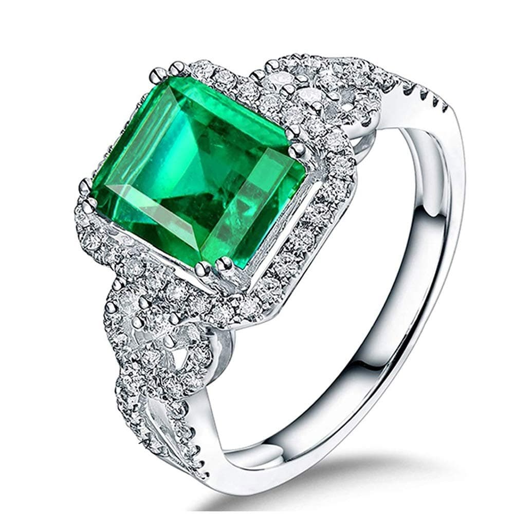 Lanmi Beautiful Natural Green Emerald Diamonds Engagement Ring Solid 14K White Gold Wedding Rings for Ladies Women Mother's Day
