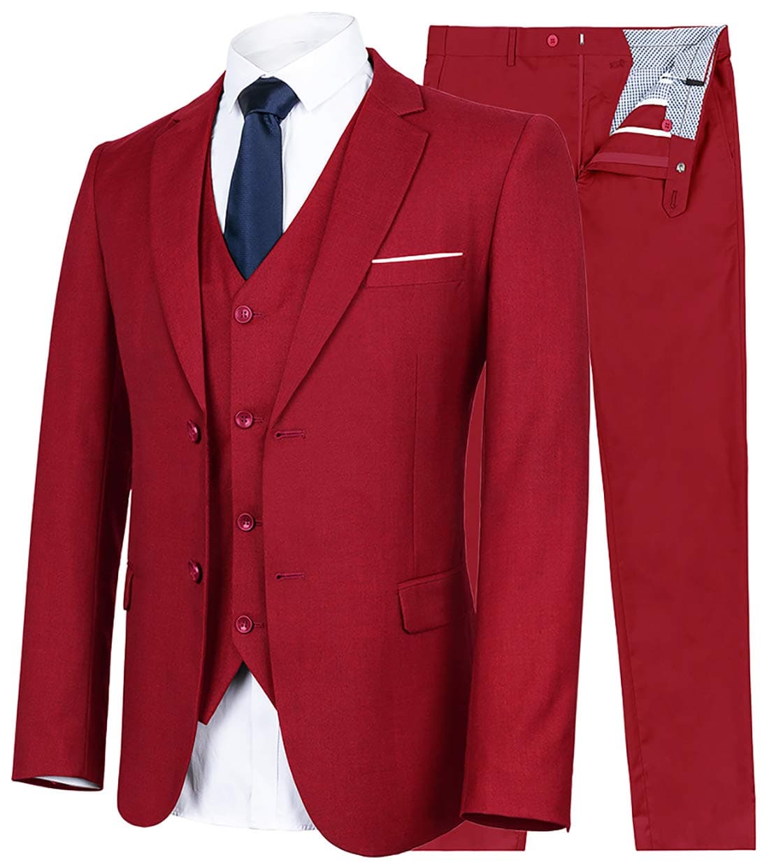 YIMANIE Mens Suit 3 Piece Single Breasted Jacket Two Button Slim Fit Blazer Tux Vest&Trousers, Wine Red, Medium