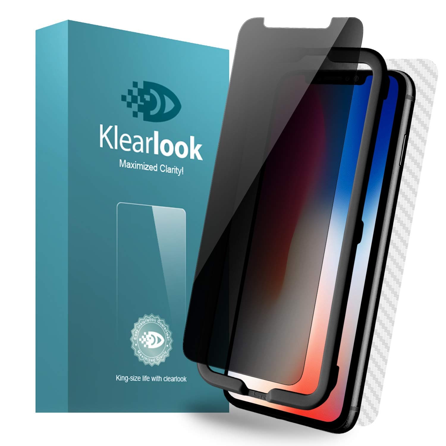 Klearlook Privacy Glass Screen Protector for i Phone X/i Phone XS with Install Tool, 1-(Case-Friendly) Anti-Spy/Anti-Peeping Tempered Glass Screen Film for Front + Carbon Fibre Rear Sticker Skin