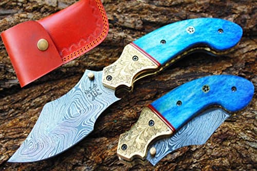 3.5"Damascus Blade Custom Folding Knife w/Liner Lock, Custom FileWork, Engraved Brass Bolsters, Dyed Buffalo bone &amp; Custom Sheath UDK-a-usaS-223