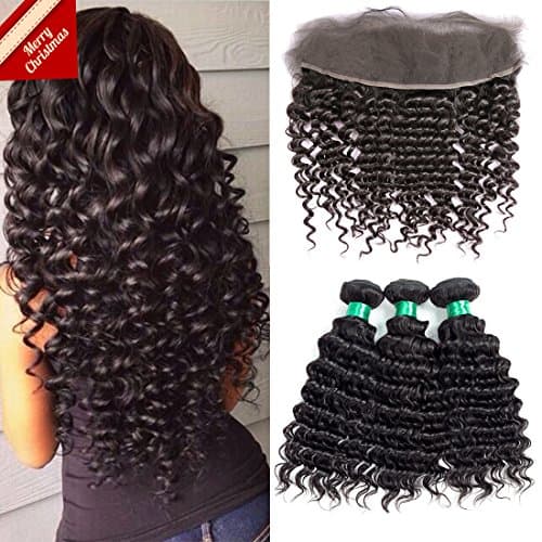 MQYQ Deep Wave 3 Bundles with Lace Frontal Closure 13x4 Ear to Ear Lace Front Closure Brazilian Virgin Hair Deep Curly Unprocessed Human Hair Weave Natural Color (16+18 18 18)