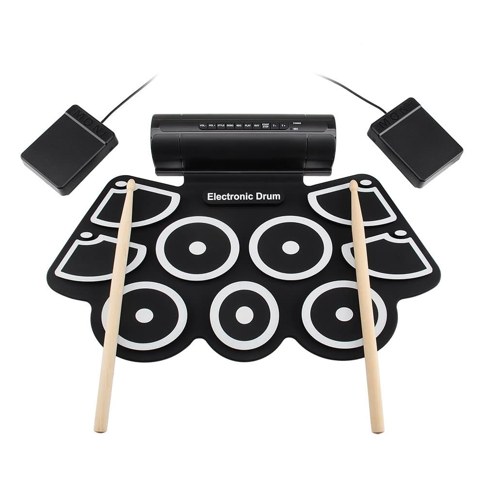 Vangoa - Portable MD760 Roll up Electronic MIDI Drum Set Kits 9 Pads Built-in Speakers, Foot Pedals, Drumsticks, USB Cable for Practice