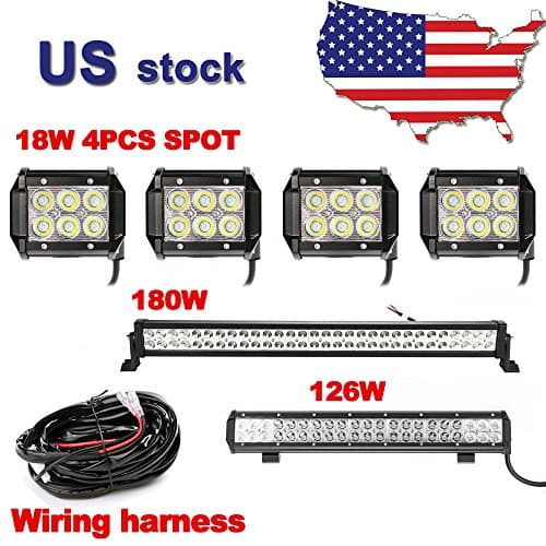 Primeprolight 32inch Led Work Light Bar 180W Spot Flood Combo Beam Light Bar &amp; 4pcs 4" 18W Led Work Light &amp; 20" 126W combo light bar &amp; wiring Harness Kit For Jeep Off-Road SUV ATV Truck