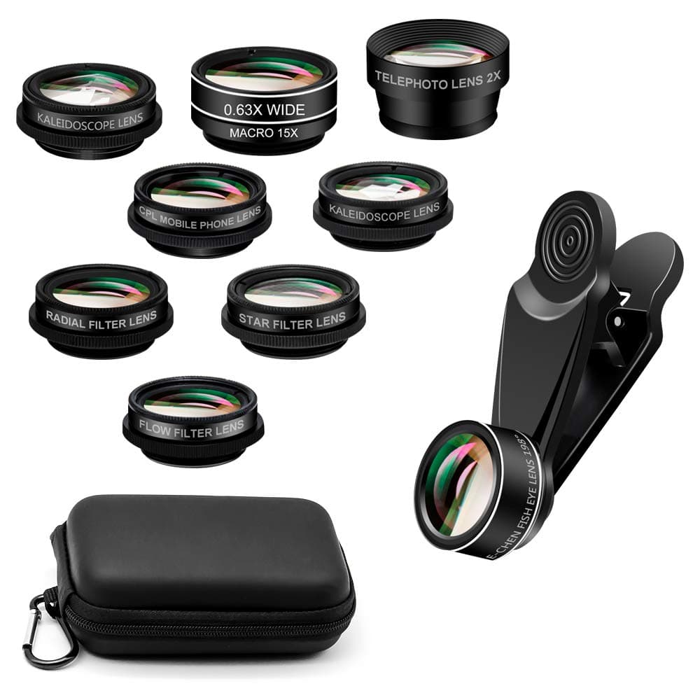 Sonkir 10 in 1 Cell Phone Camera Lens Kit 0.63 X Wide Angle Lens & 15 X Macro Lens + Fisheye Lens + Telephoto Lens + CPL/Flow/Star Filter + Kaleidoscope 3/6 Lens for Smartphone